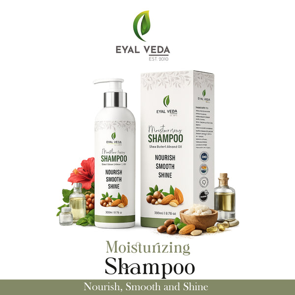 Eyal Veda shampoo bottle, box, and ingredients on a white background