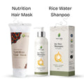 Evel Veda Nutrition Hair Mask and Rice Water Shampoo with packaging on a white background