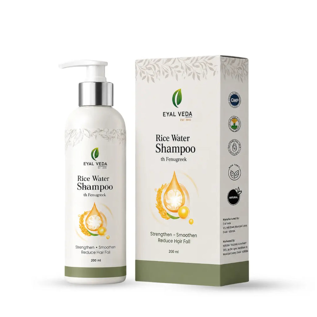Eyal Veda Rice Water Shampoo bottle and packaging on a white background
