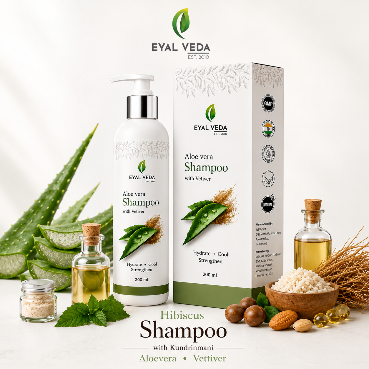 Eval Veda aloe vera shampoo with packaging, aloe vera plant, and other natural products on a white background.