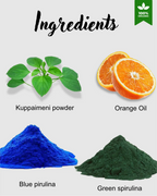 Ingredients used in a product displayed with Kuppaimeni powder, orange oil, blue spirulina, and green spirulina on a white background.