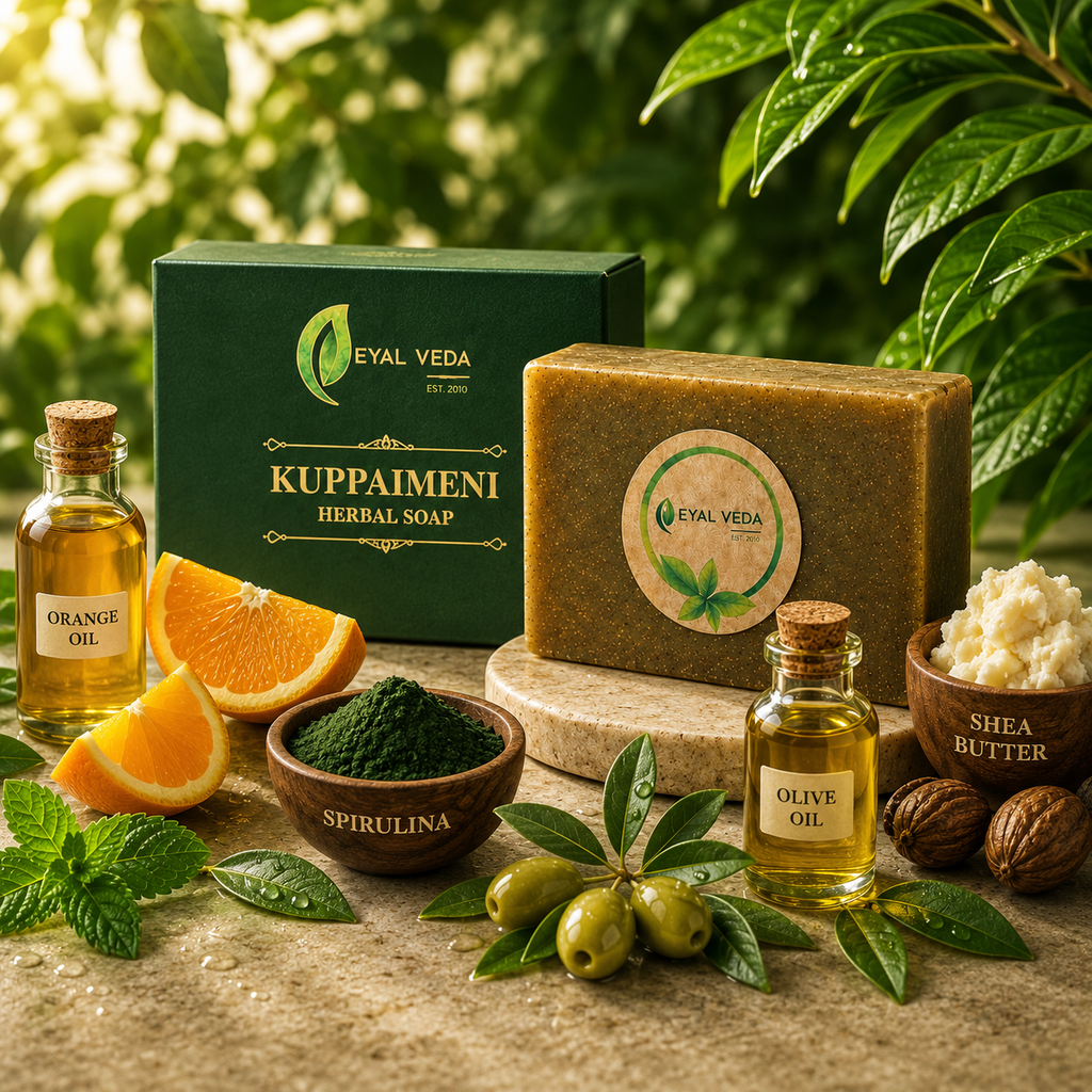 Eyal Veda Kuppaimeni herbal soap with ingredients like olive oil, orange oil, and shea butter on a natural background.