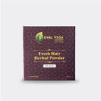 Front view of EYAL VEDA Fresh Hair Herbal Powder box, black color natural hair treatment.