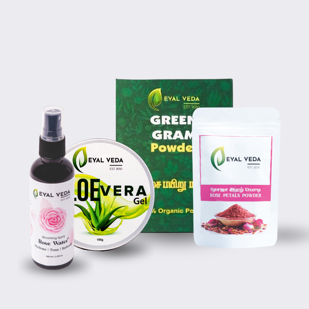 EYAL VEDA natural skincare combo with aloe vera gel, rose water spray, green gram powder and rose petal powder for glowing skin