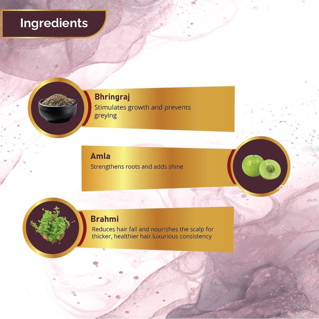 Natural ingredients list for EYAL VEDA hair powder including Bhringraj, Amla, and Shikakai herbs.
