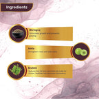 Natural ingredients list for EYAL VEDA hair powder including Bhringraj, Amla, and Shikakai herbs.
