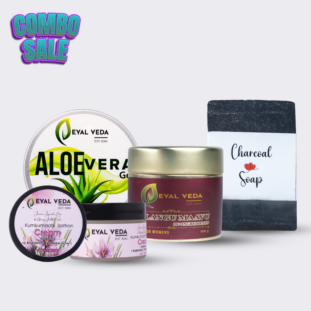 EYAL VEDA face brightening combo with aloe vera gel kumkumadi saffron cream nalangu maavu and charcoal soap for glowing skin