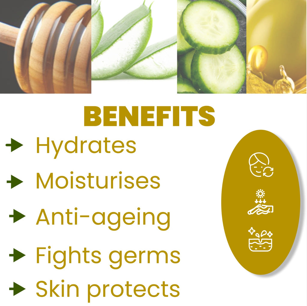 Collage of natural ingredients with benefits listed on a white background