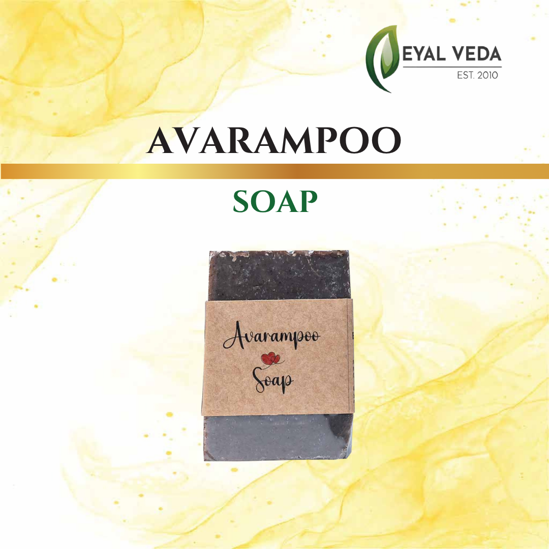 Natural ingredients including Avarampoo, Neem, and Sandalwood in herbal soap.