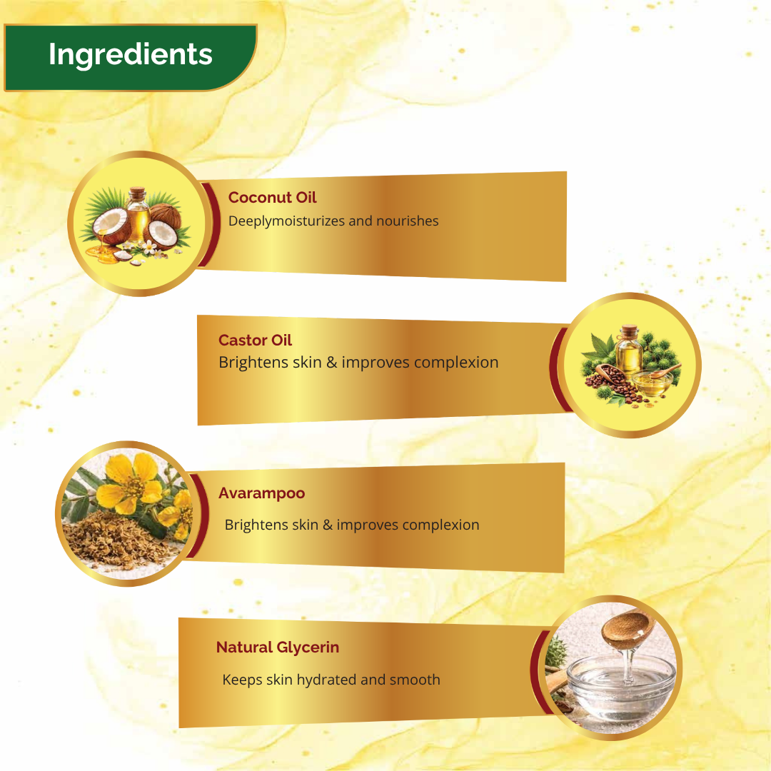 Natural ingredients including Avarampoo, Neem, and Sandalwood  herbal soap.
