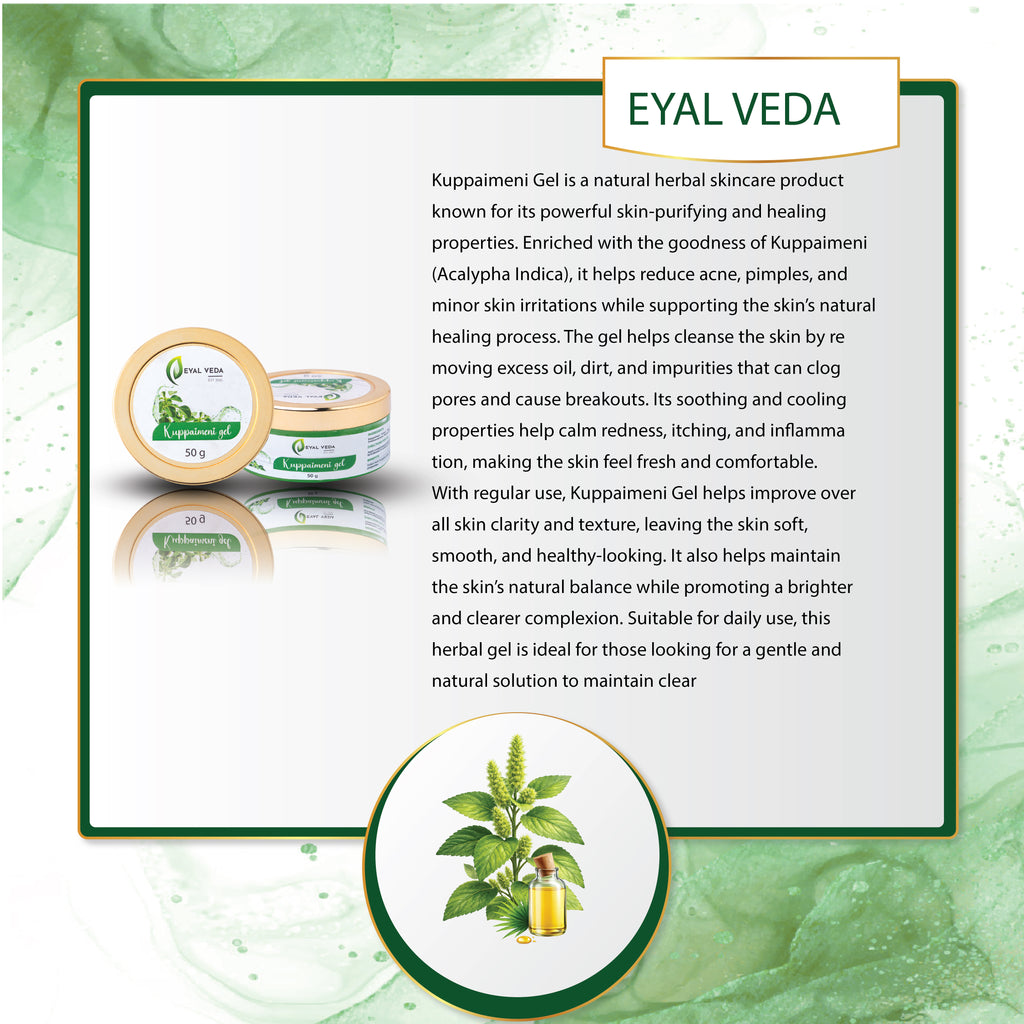 Infographic showing benefits of Kuppaimeni gel for clear and glowing skin.