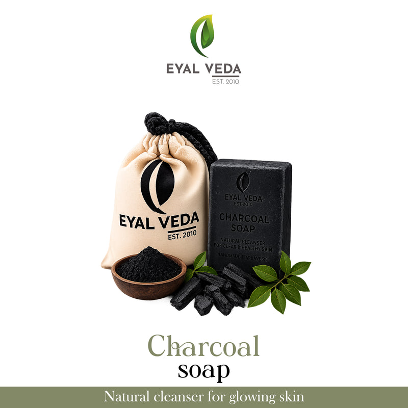 Eyal Veda charcoal soap with packaging on a white background