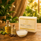 Kadhi Eyal goat milk soap with olive oil, castor oil, and a bowl of milk on a wooden surface.