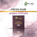 EYAL VEDA Fresh Hair Herbal Powder packaging, premium natural hair care product for shiny black hair.
