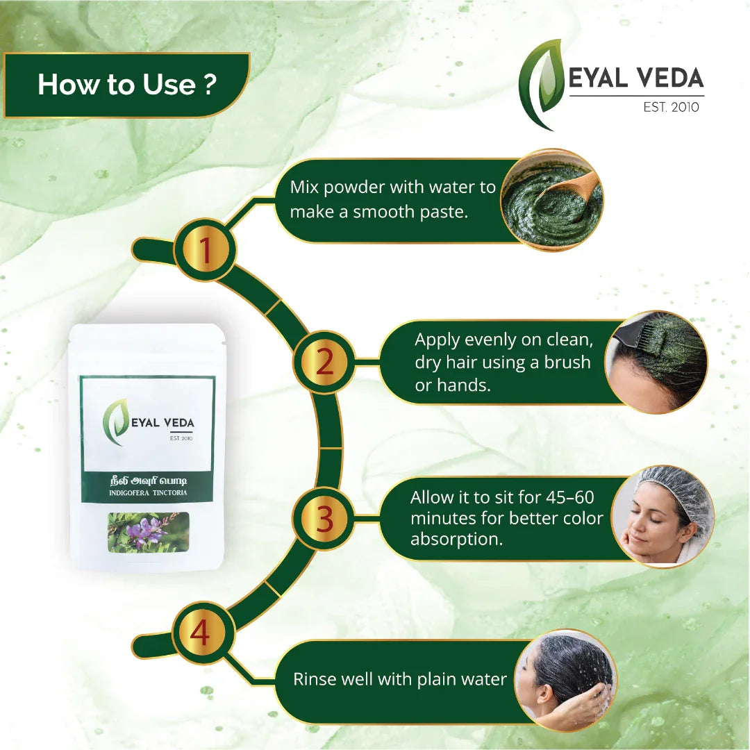 Step-by-step guide to applying Eyal Veda Indigo powder to hair