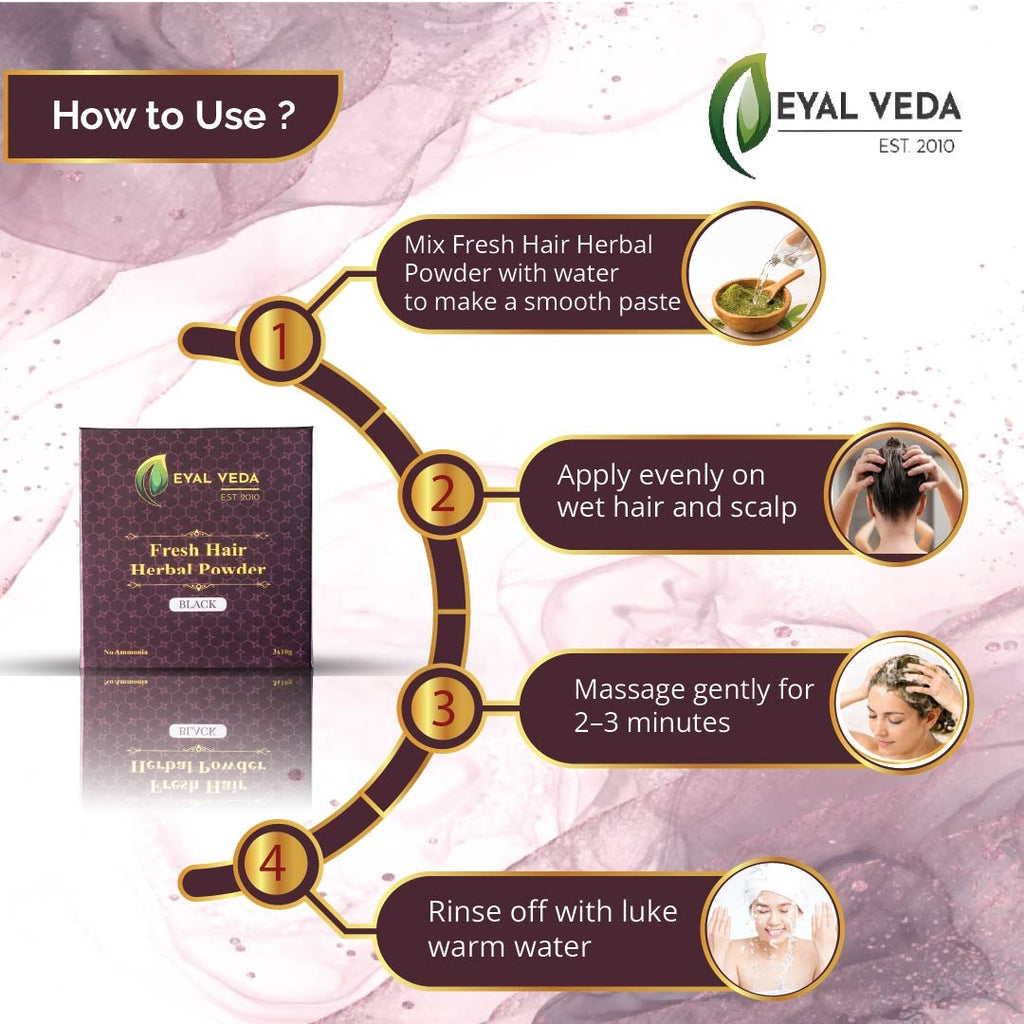 Step-by-step instructions and guide on how to apply EYAL VEDA Fresh Hair Herbal Powder.