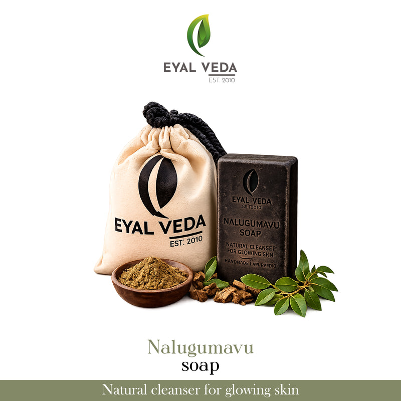 Eyal Veda Nalugumavu soap with a drawstring bag, bowl of powder, and green leaves on a white background.